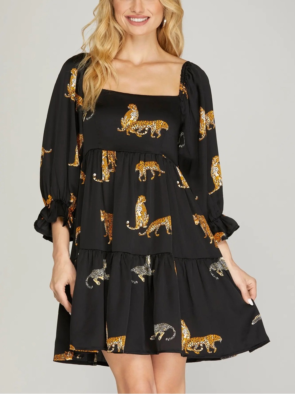 She + Sky Black Leopard-Print Square-Neck Tiered Mini Dress